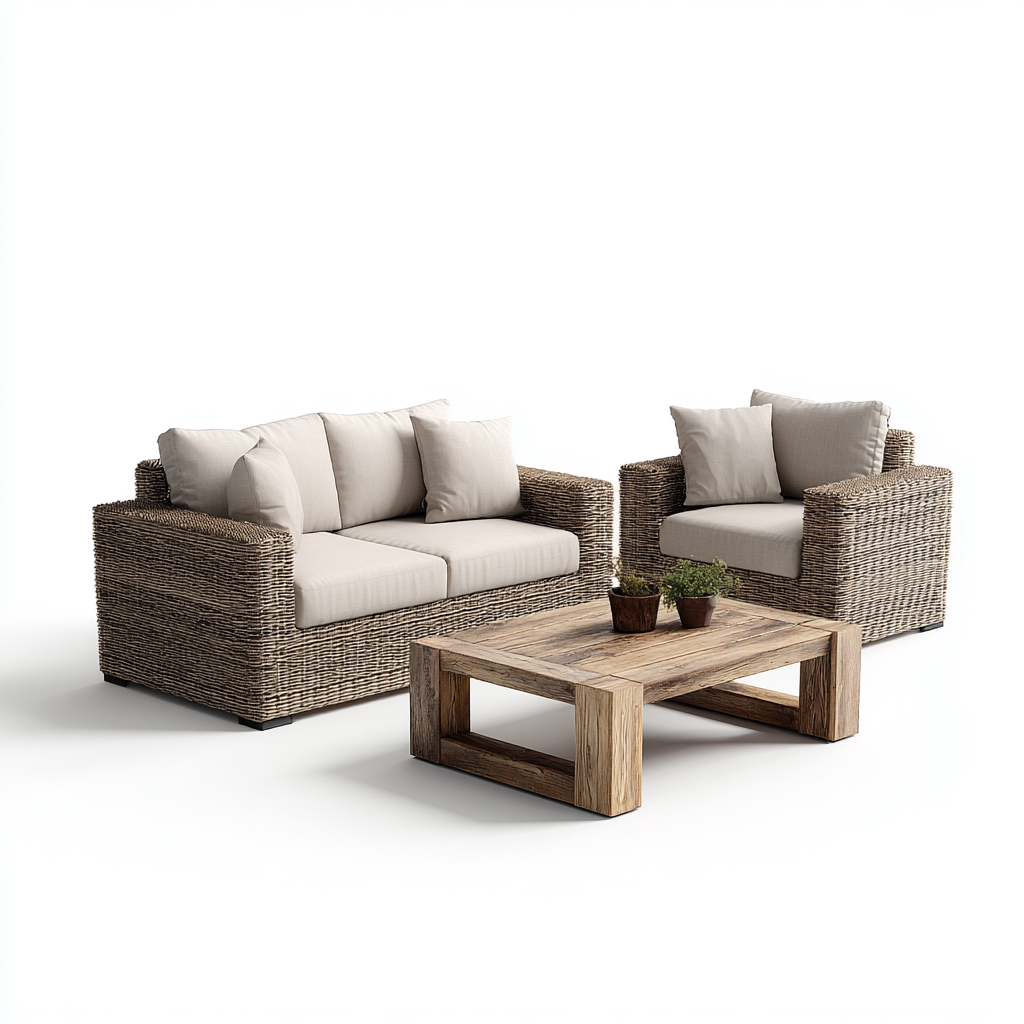 Set da giardino in rattan sintetico con divano e poltrona 180x85x75 cm - beige e legno naturale - stile moderno e accogliente-Homeixe