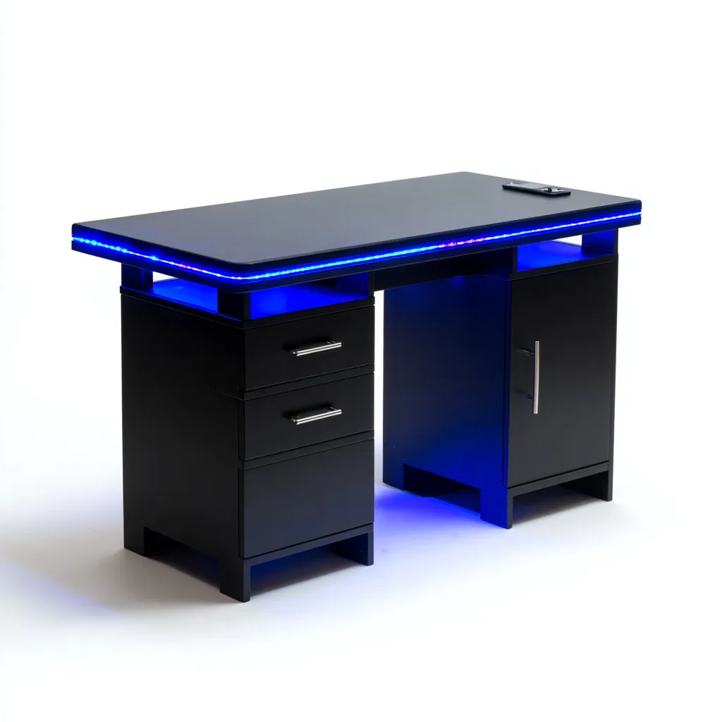 Scrivania per ufficio in legno e metallo 140x65x78 cm - nero-blu - per studio e lavoro - design moderno con illuminazione LED e vano contenitore-Homeixe
