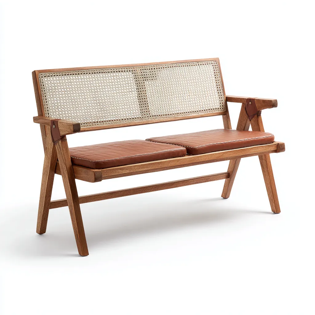 Panca da giardino in legno di teak con schienale in rattan e cuscini - 125x55x85 cm - teak-marrone - design moderno per esterni-Homeixe
