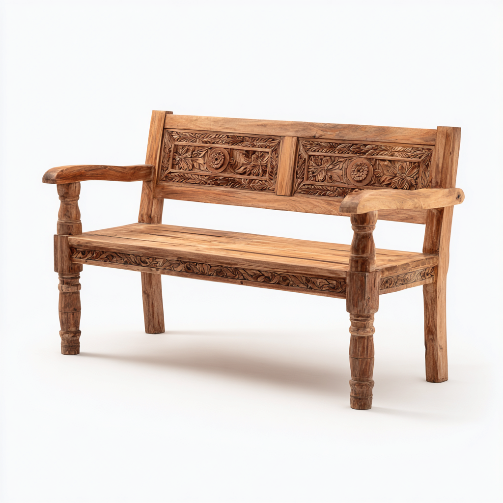 Panca da giardino in legno di teak intagliato 135x65x95 cm - legno naturale - design classico artigianale-Homeixe