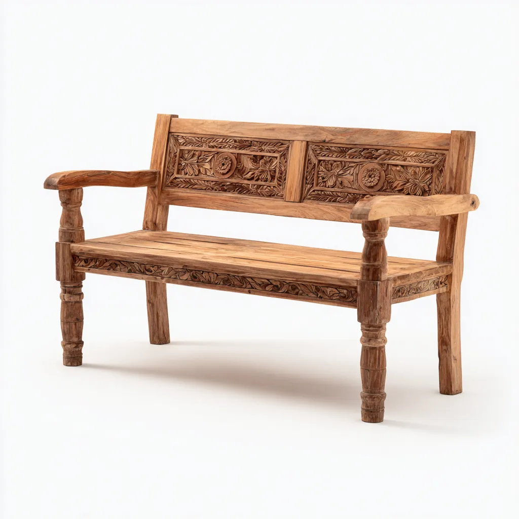 Panca da giardino in legno di teak intagliato 135x65x95 cm - legno naturale - design classico artigianale-Homeixe