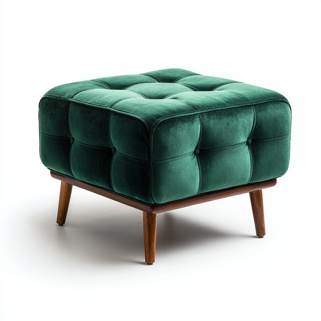 Poggiapiedi imbottito in velluto 45x45x42 cm - verde smeraldo - design vintage con gambe in legno scuro-Homeixe