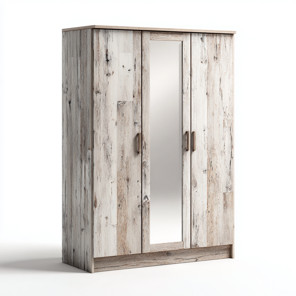 Armadio a 3 ante con specchio - legno truciolare effetto rovere sbiancato - 170x55x210 cm - rovere chiaro - design rustico-Comfyify