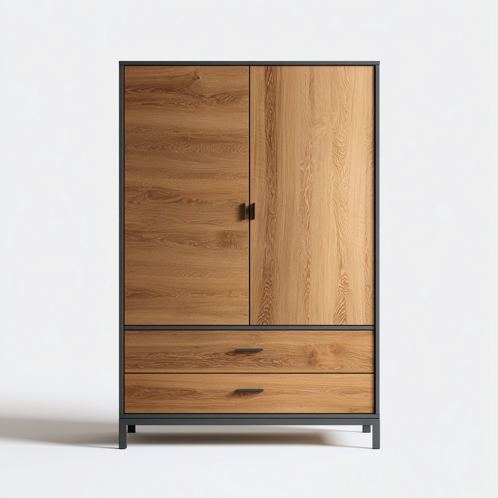 Armadio a 2 ante con 2 cassetti - legno di rovere e metallo - 150x50x190 cm - rovere-nero - design industriale-Comfyify