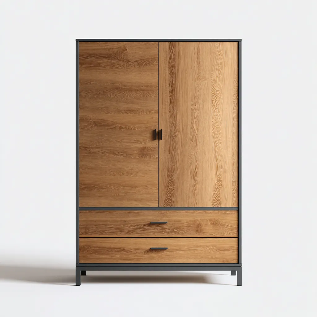 Armadio a 2 ante con 2 cassetti - legno di rovere e metallo - 150x50x190 cm - rovere-nero - design industriale-Comfyify