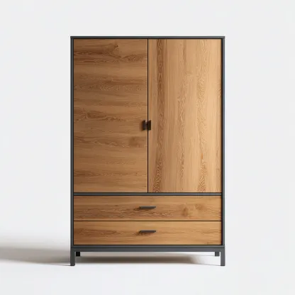 Armadio a 2 ante con 2 cassetti - legno di rovere e metallo - 150x50x190 cm - rovere-nero - design industriale-Comfyify