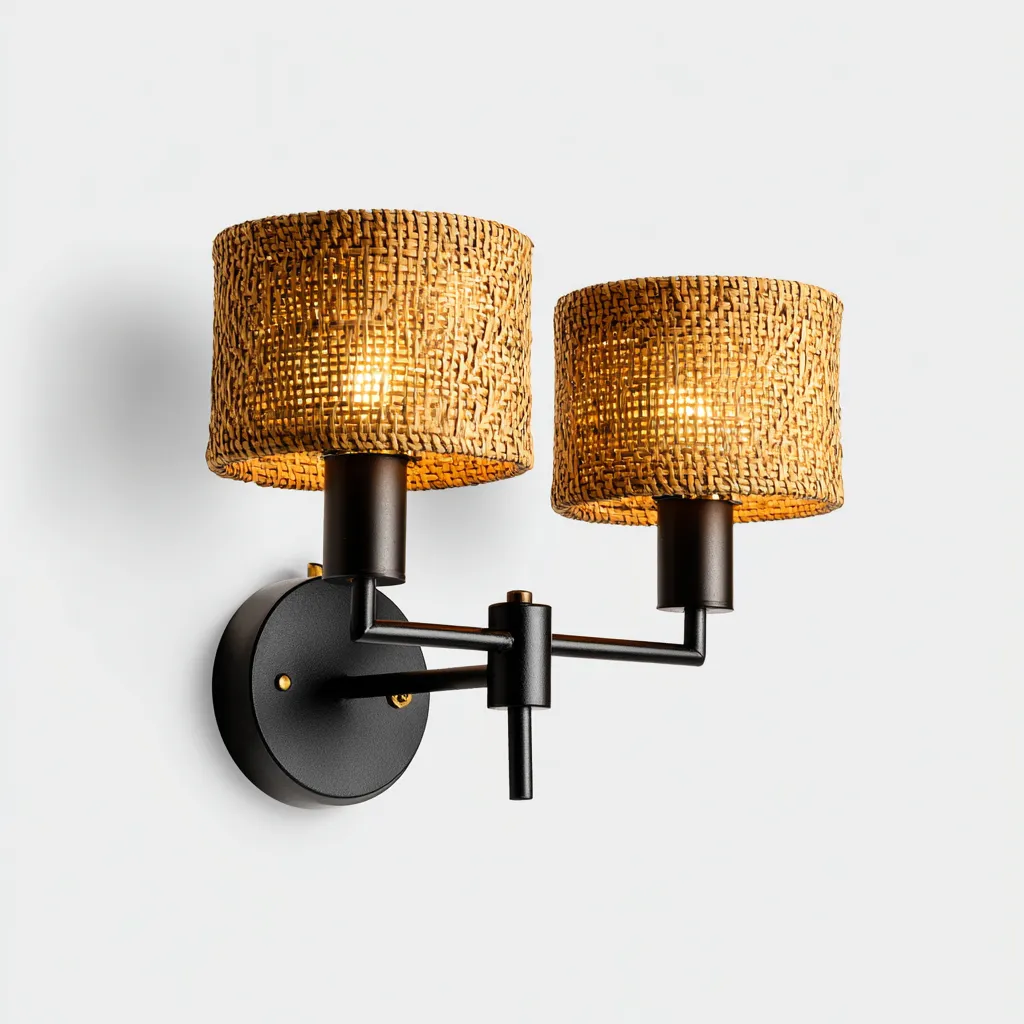 Applique da parete in metallo e rattan 32x20x28 cm - nero-marrone - design naturale-Comfyify