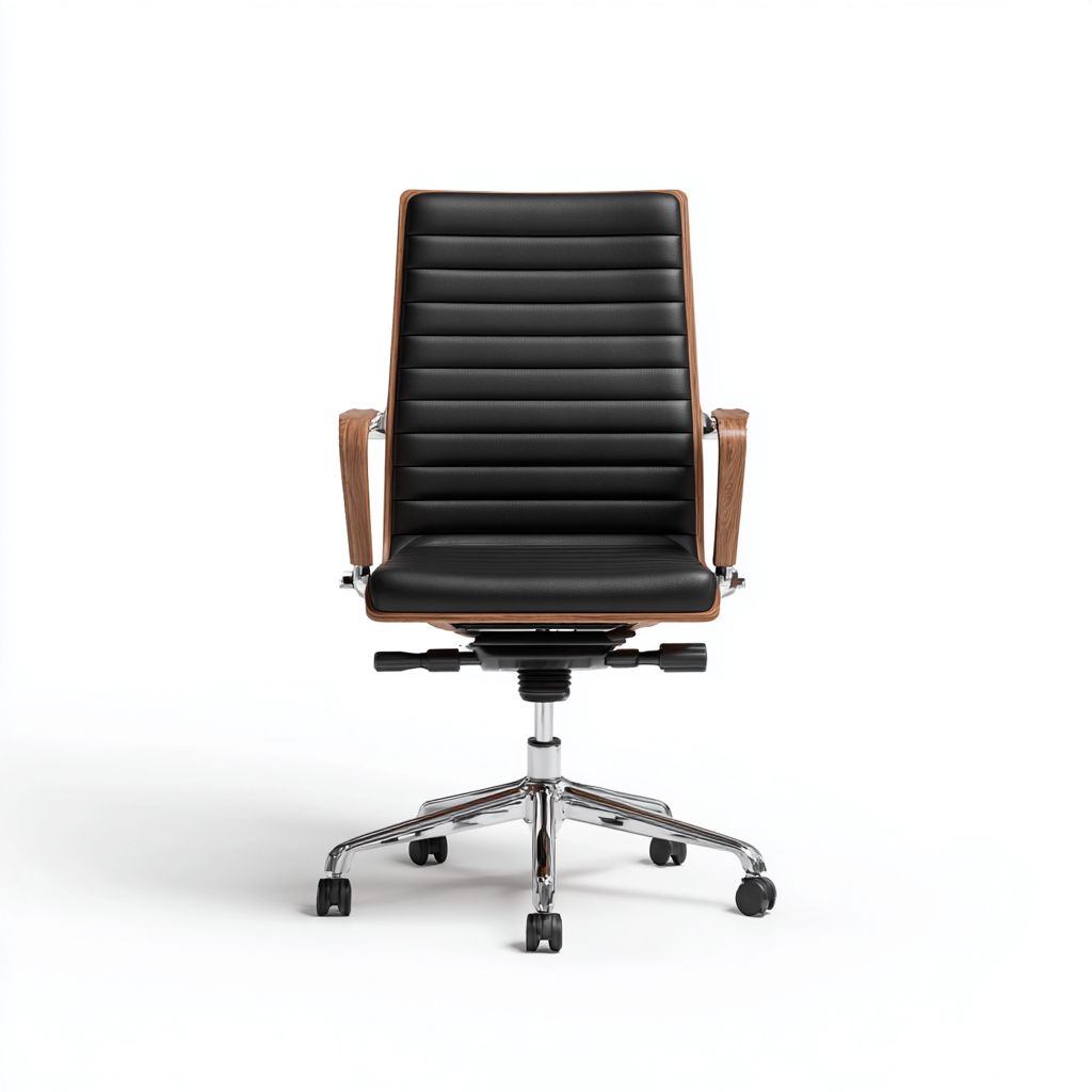 Sedia da ufficio in ecopelle e legno con ruote - 68x68x115 cm - nero-noce - design ergonomico-Comfyify