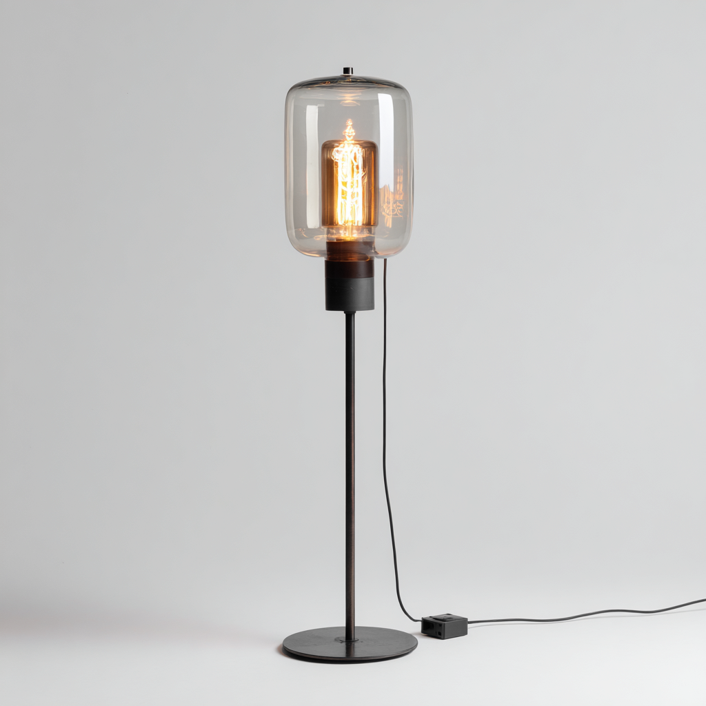 Lampada da terra in metallo e vetro 28x28x140 cm - nero-trasparente - design moderno-Comfyify