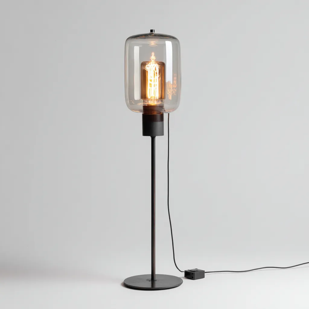 Lampada da terra in metallo e vetro 28x28x140 cm - nero-trasparente - design moderno-Comfyify