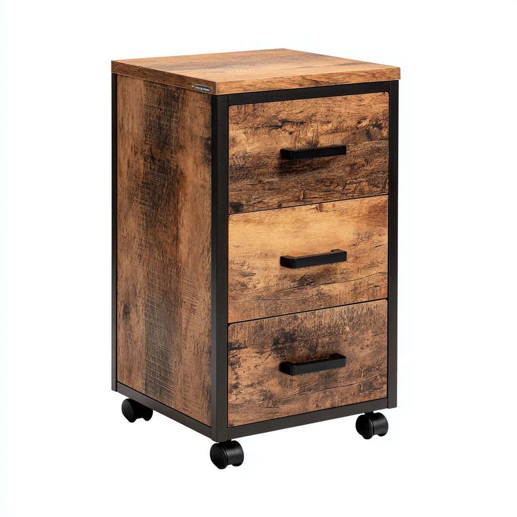 Armadio per ufficio in legno e metallo 45x40x65 cm - marrone rustico-nero - con ruote - design industriale-Comfyify