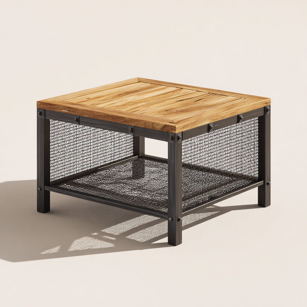 Tavolo da giardino quadrato con piano in legno di teak e struttura in metallo 60x60x45 cm - marrone-nero - stile industriale moderno-Comfyify