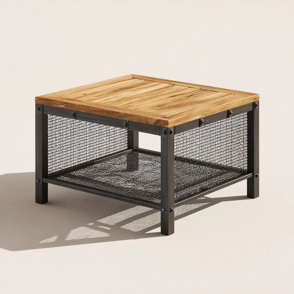 Tavolo da giardino quadrato con piano in legno di teak e struttura in metallo 60x60x45 cm - marrone-nero - stile industriale moderno-Comfyify