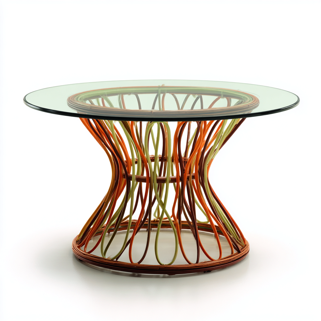 Tavolo da giardino rotondo in vetro e rattan 110x110x75 cm - marrone-arancione-verde - design artistico moderno-Comfyify