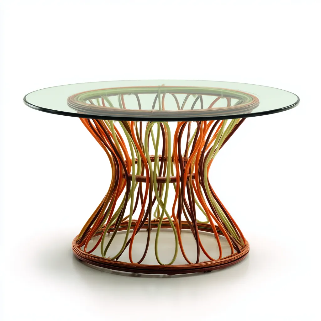 Tavolo da giardino rotondo in vetro e rattan 110x110x75 cm - marrone-arancione-verde - design artistico moderno-Comfyify