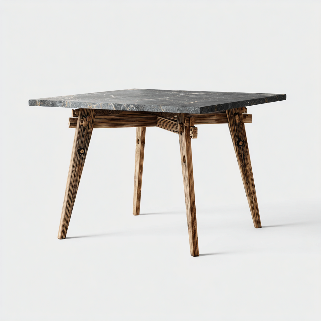 Tavolo da giardino quadrato con piano in marmo e gambe in legno 90x90x75 cm - grigio-legno naturale - design moderno - per esterni-Comfyify