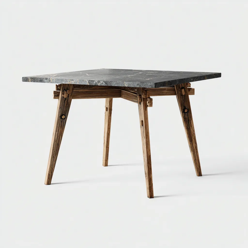 Tavolo da giardino quadrato con piano in marmo e gambe in legno 90x90x75 cm - grigio-legno naturale - design moderno - per esterni-Comfyify