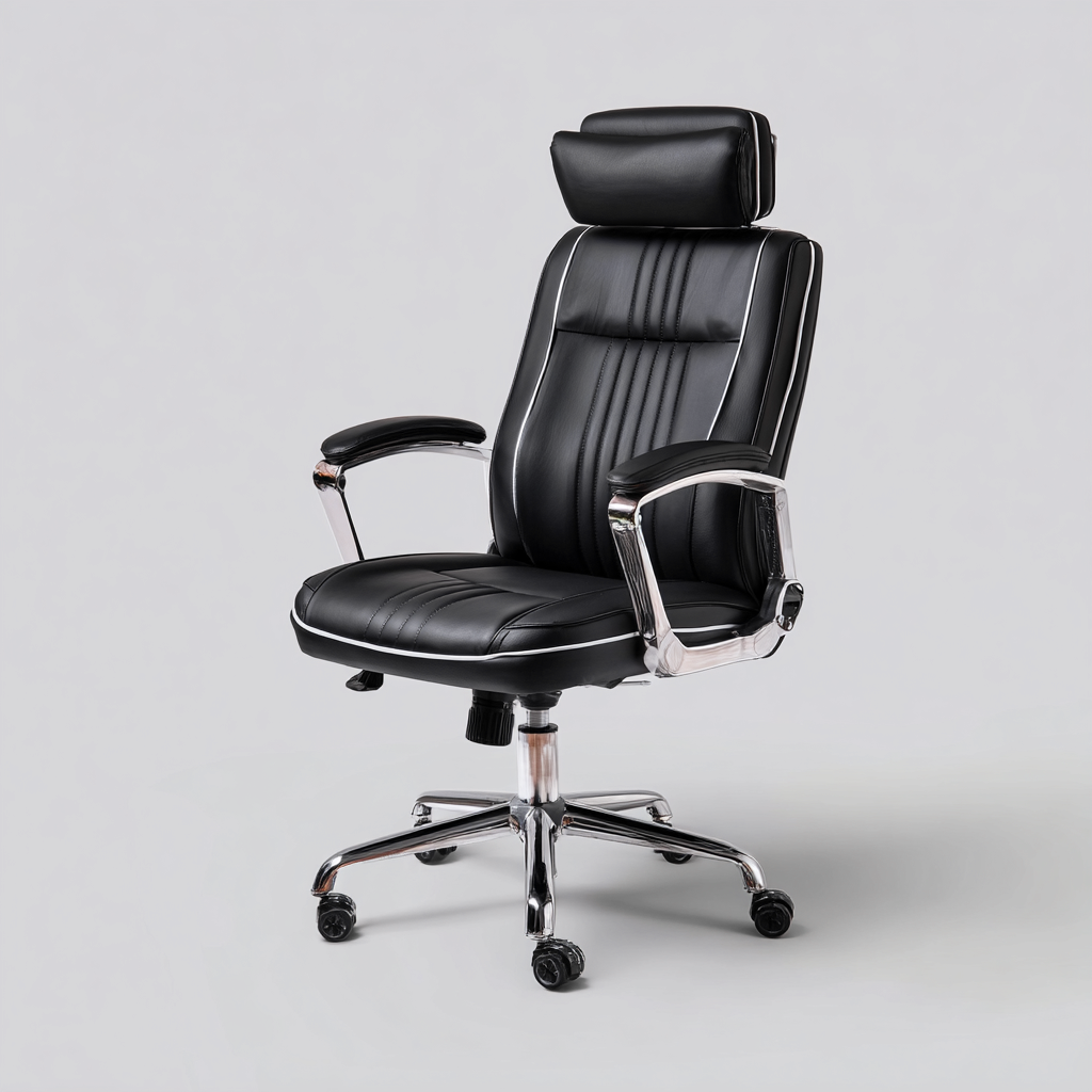 Sedia da ufficio in pelle sintetica - nera - con poggiatesta - base in metallo cromato - design ergonomico moderno-Comfyify