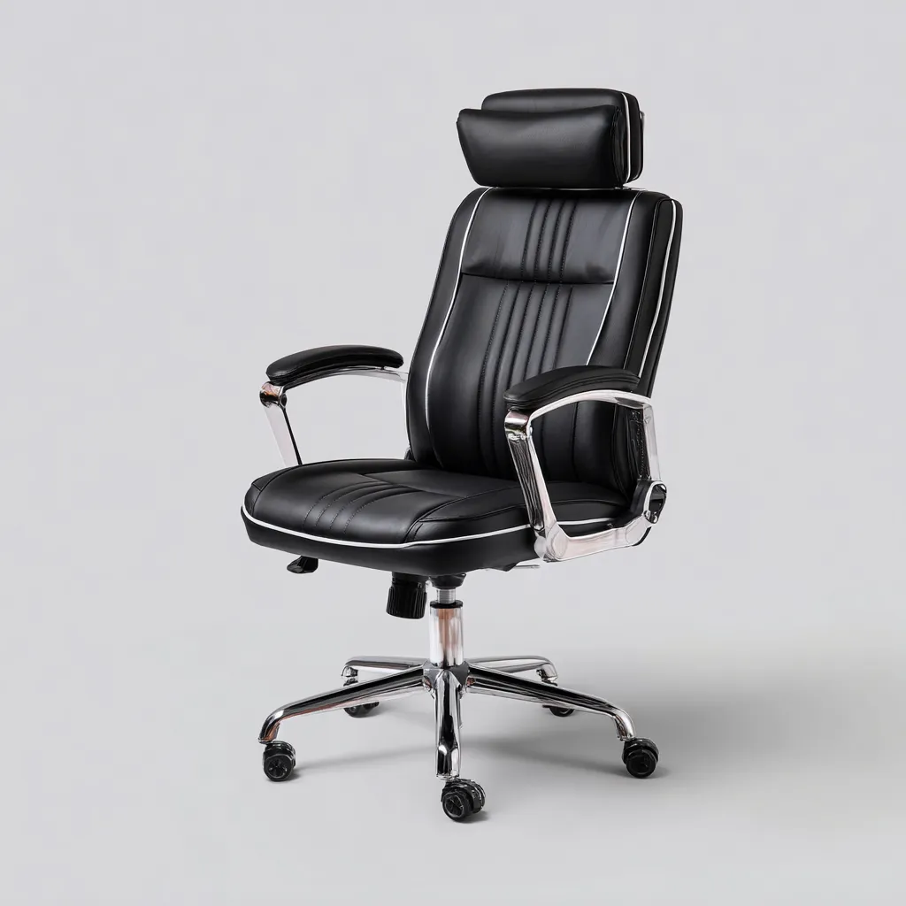 Sedia da ufficio in pelle sintetica - nera - con poggiatesta - base in metallo cromato - design ergonomico moderno-Comfyify