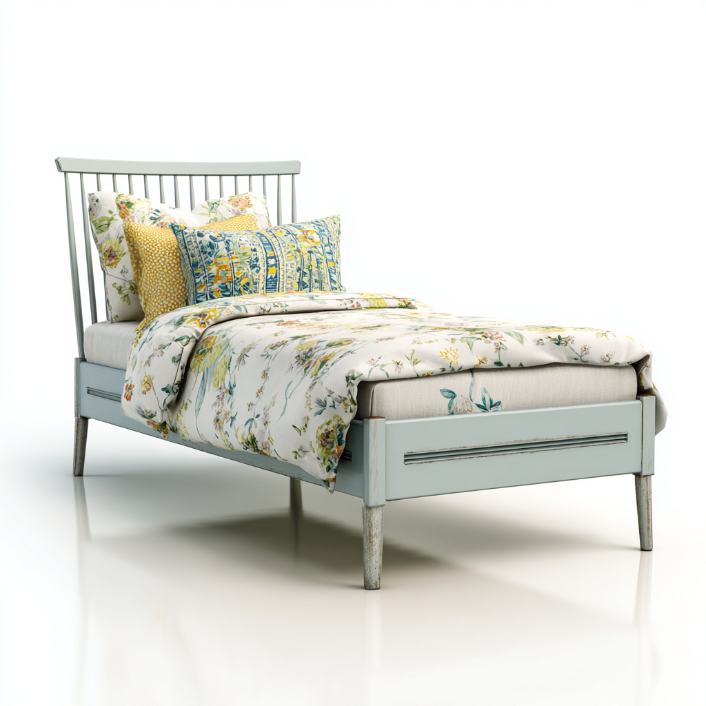 Letto singolo - legno massello - 200x100x95 cm - azzurro chiaro - design vintage romantico-Comfyify