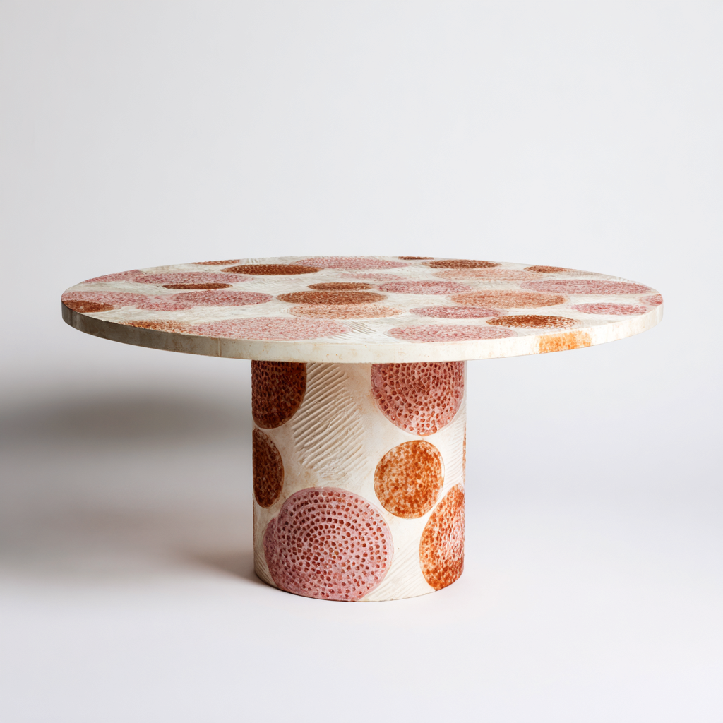 Tavolo da giardino rotondo in resina decorata 130x130x75 cm - beige-rosa-arancione - design artistico - per esterni-Comfyify