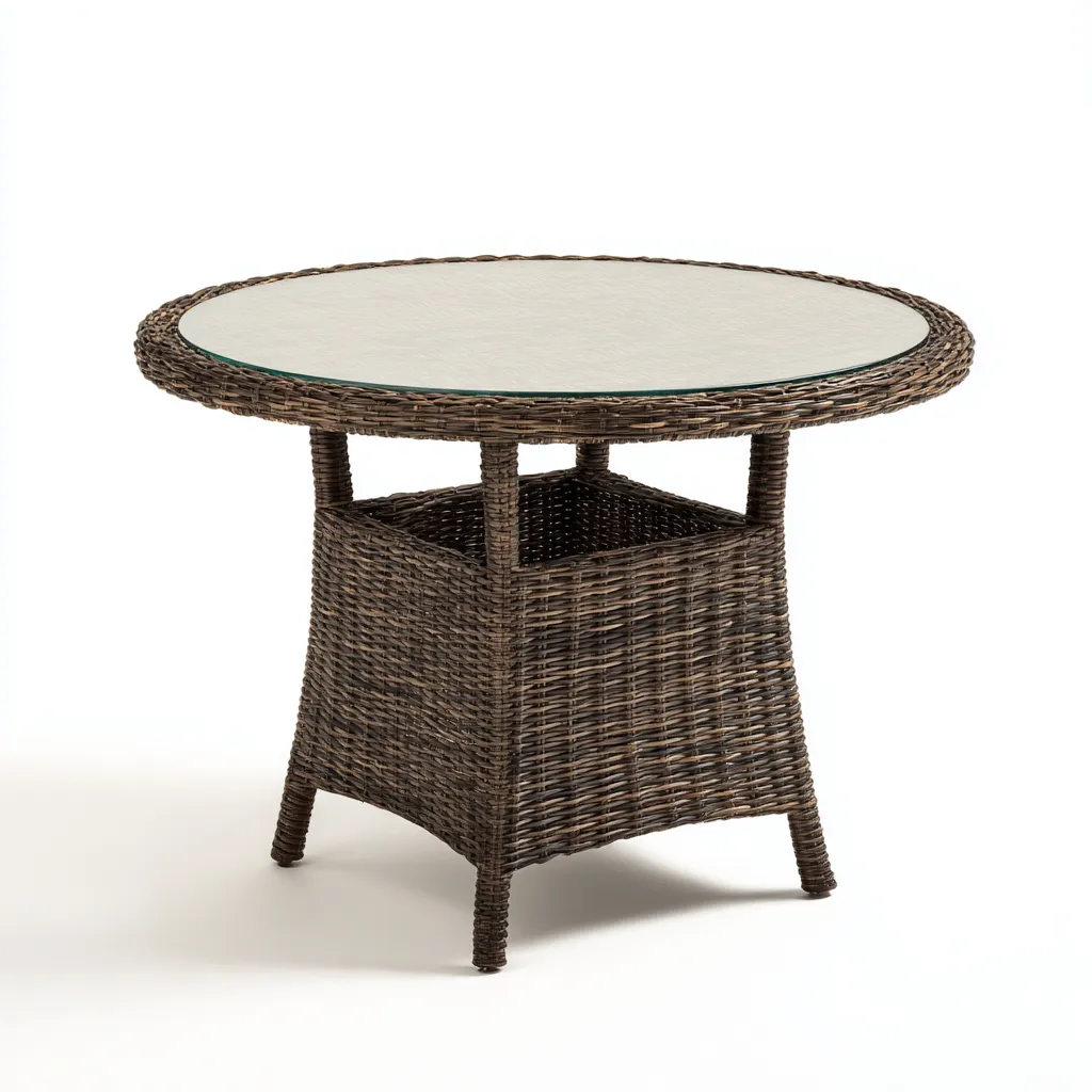 Tavolo da giardino rotondo in rattan sintetico e vetro 90x90x75 cm - marrone scuro - design moderno - per esterni-Comfyify
