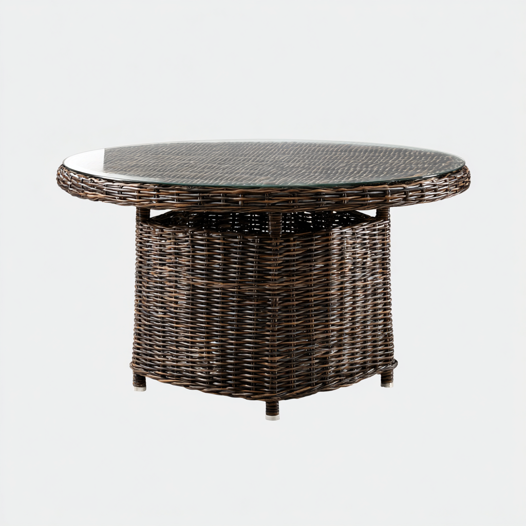Tavolo da giardino rotondo in rattan con piano in vetro 120x120x75 cm - marrone scuro - design elegante resistente all'esterno-Comfyify