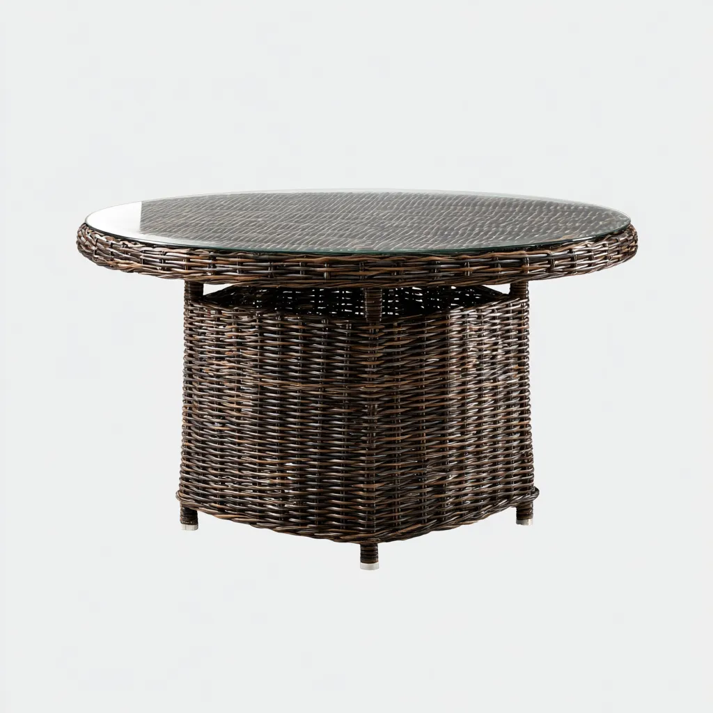 Tavolo da giardino rotondo in rattan con piano in vetro 120x120x75 cm - marrone scuro - design elegante resistente all'esterno-Comfyify