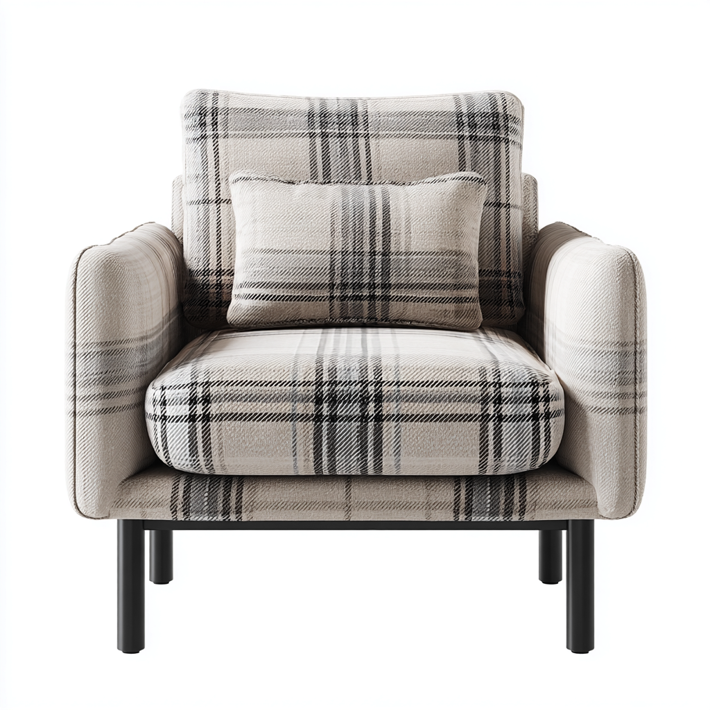 Poltrona in tessuto scozzese 90x85x88 cm - beige-nero - stile moderno con cuscino coordinato-Comfyify