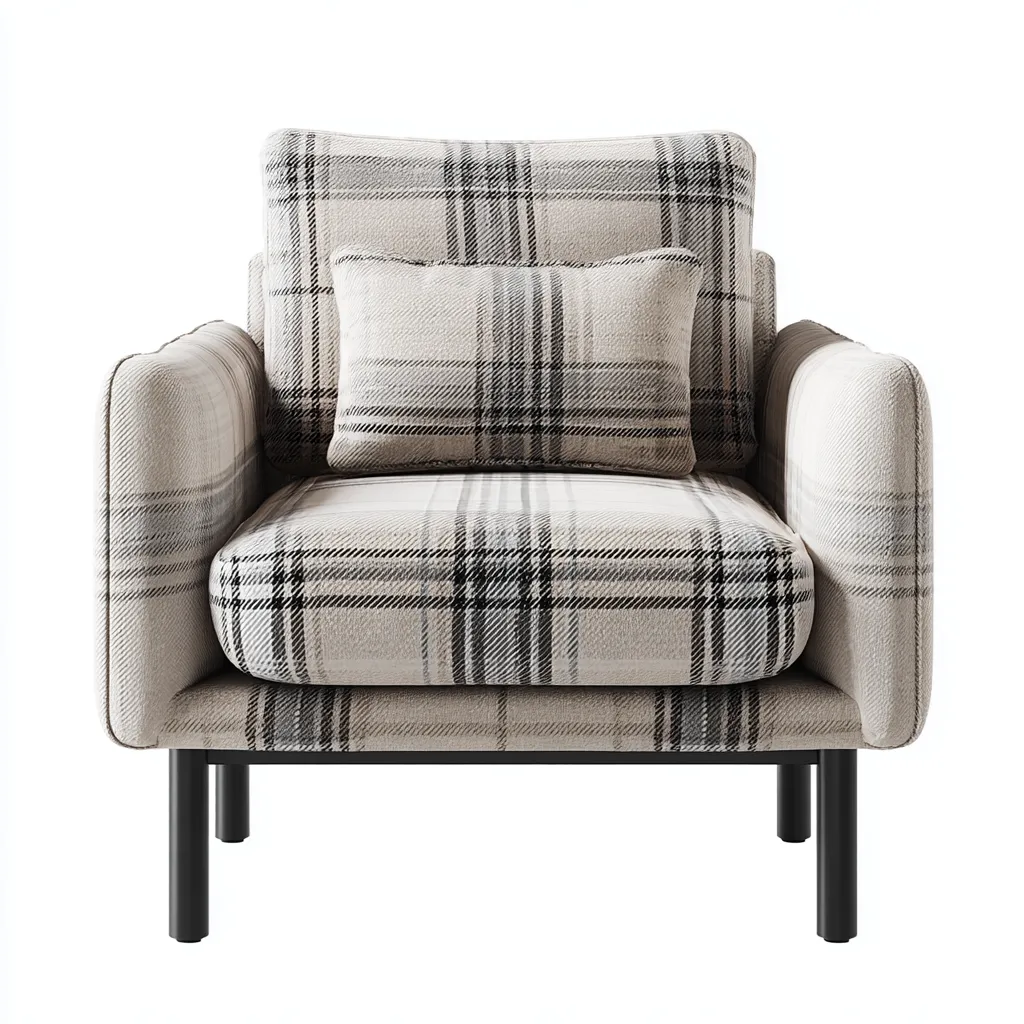 Poltrona in tessuto scozzese 90x85x88 cm - beige-nero - stile moderno con cuscino coordinato-Comfyify