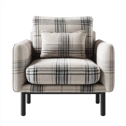 Poltrona in tessuto scozzese 90x85x88 cm - beige-nero - stile moderno con cuscino coordinato-Comfyify