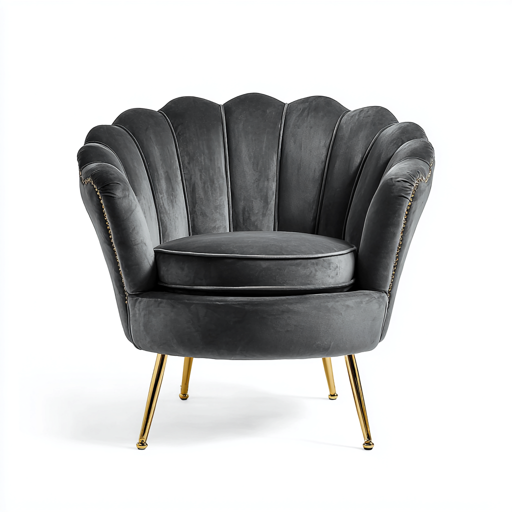 Poltrona velluto grigio scuro 85x80x78 cm - gambe dorate - design a conchiglia-Comfyify
