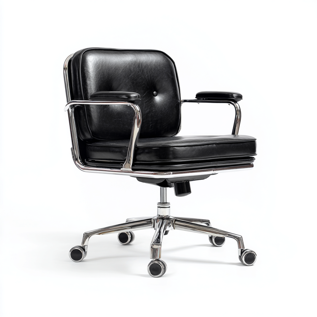 Sedia da ufficio in pelle sintetica - nera - con braccioli e base cromata - design retrò moderno-Comfyify