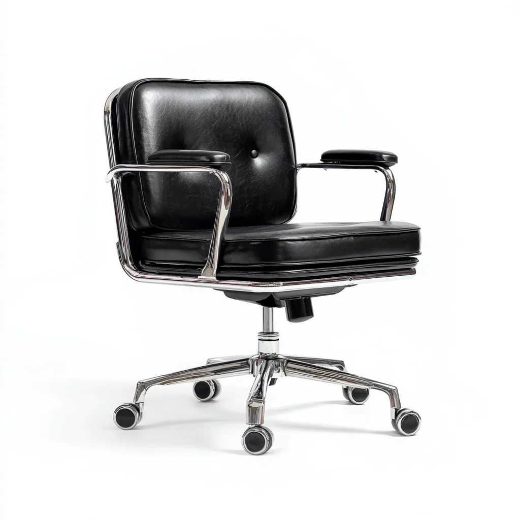 Sedia da ufficio in pelle sintetica - nera - con braccioli e base cromata - design retrò moderno-Comfyify