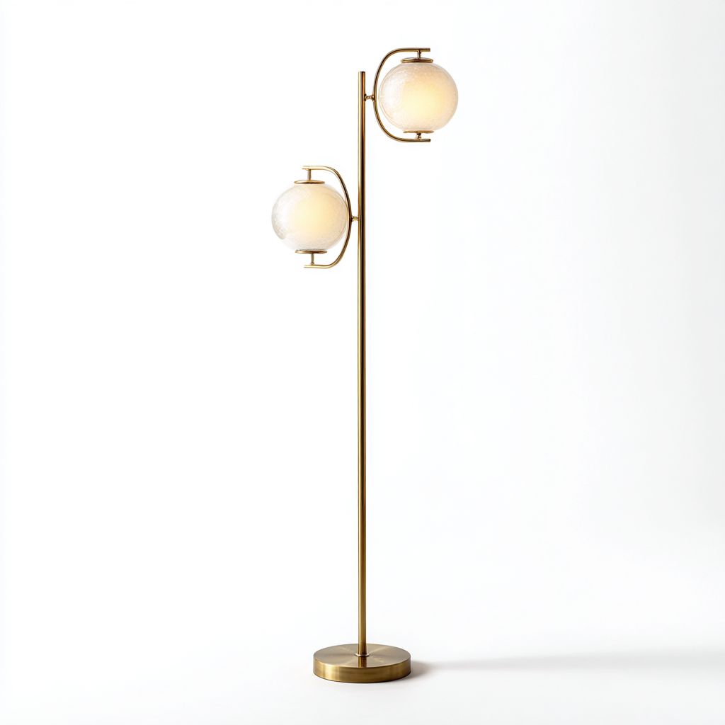 Lampadaire - métal-doré-verre - 45x32x165 cm - blanc - style moderne - double abat-jour sphérique-Snugure