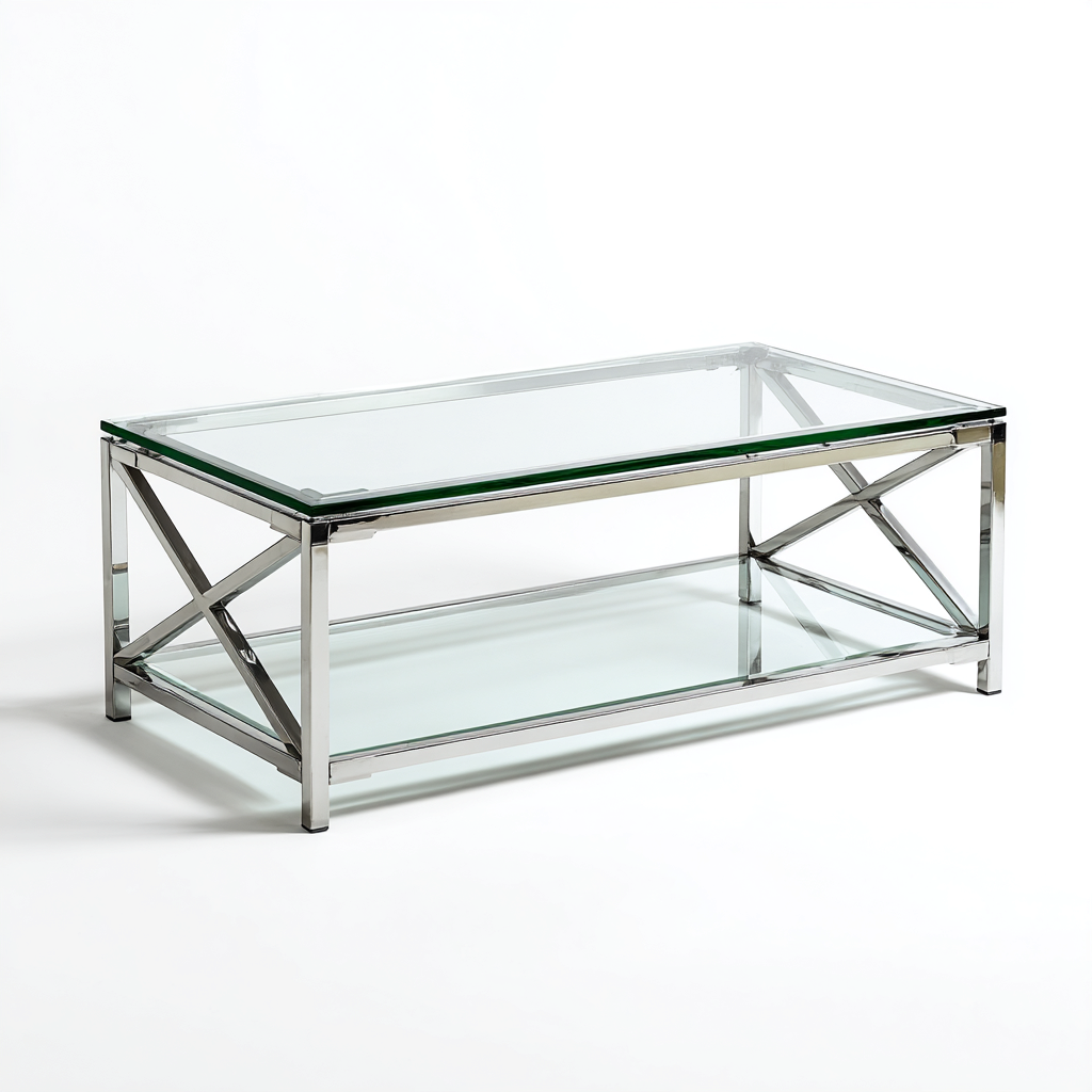 Table basse verre trempé - acier inoxydable 120x60x45 cm transparent-argent design moderne-Snugure