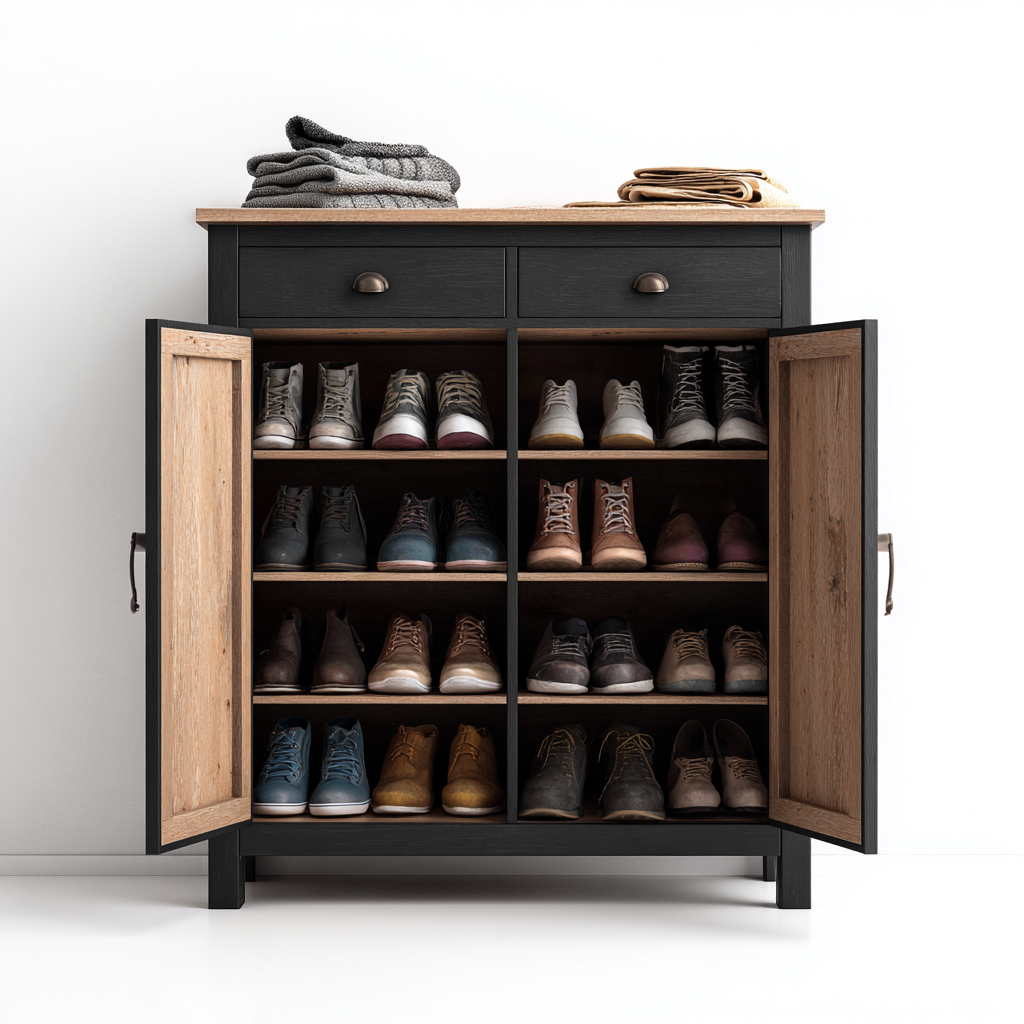 Meuble à chaussures - bois-MDF - 85x35x100 cm - noir-chêne - style industriel-Snugure