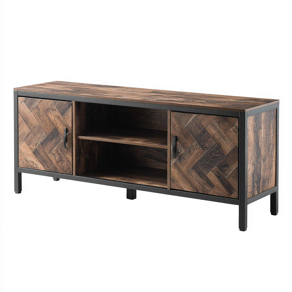 Meuble TV - bois-métal - 140x40x55 cm - marron foncé - style industriel pour salon-Snugure