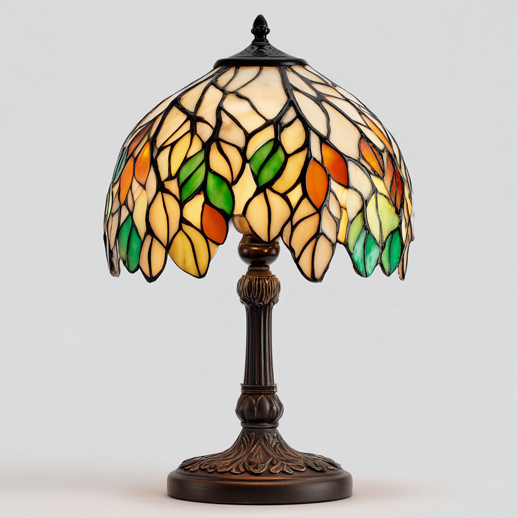 Lampe de table - verre-vitrail-métal - 27x27x44 cm - ambre-vert-orange - style Tiffany classique-Snugure