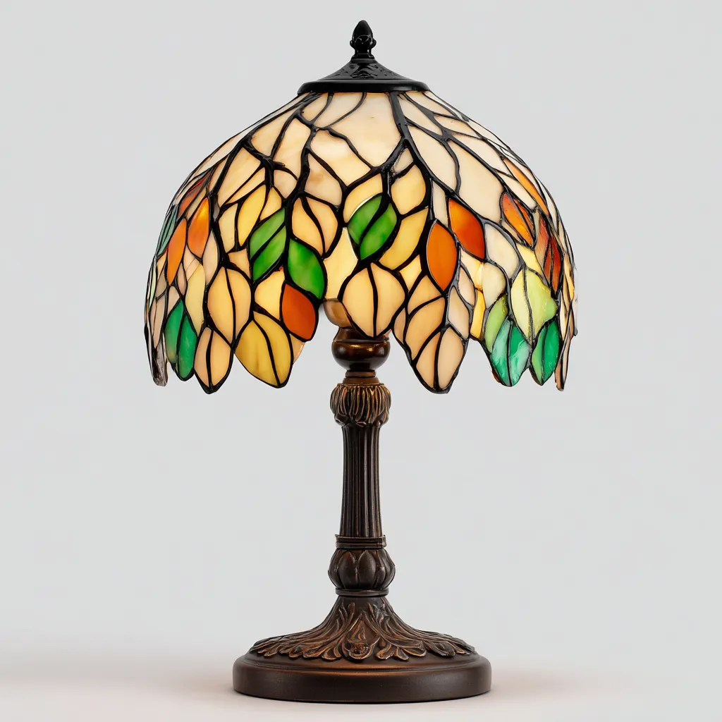 Lampe de table - verre-vitrail-métal - 27x27x44 cm - ambre-vert-orange - style Tiffany classique-Snugure