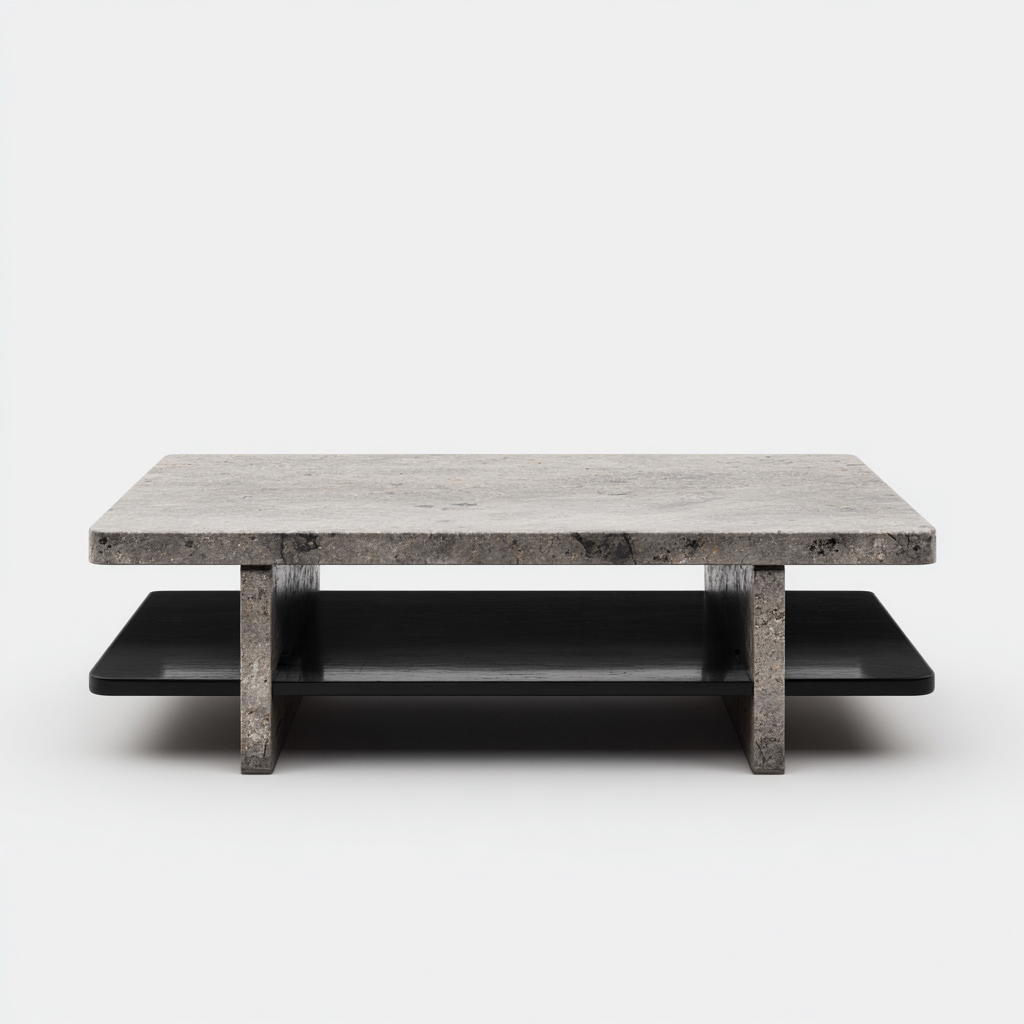Table basse pierre composite - bois 120x60x35 cm gris-noir design moderne-Snugure