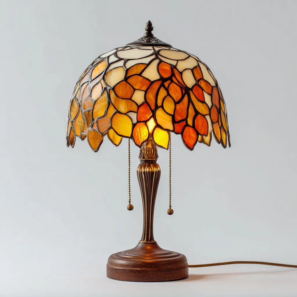 Lampe de table - verre-vitrail-métal - 26x26x43 cm - ambre-orange - style Tiffany classique-Snugure
