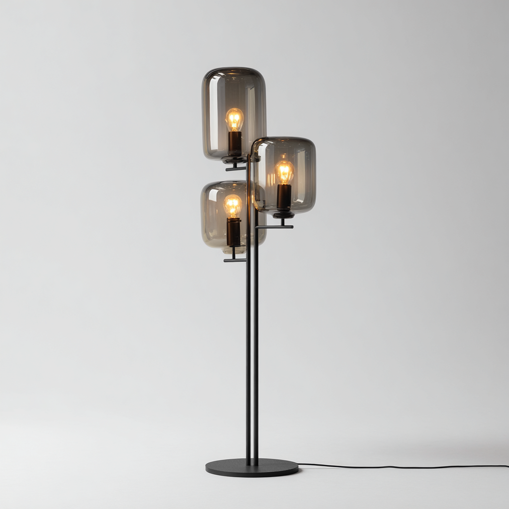 Lampadaire - métal-verre - 42x35x165 cm - noir-verre fumé - design contemporain à trois abat-jour cylindriques-Snugure