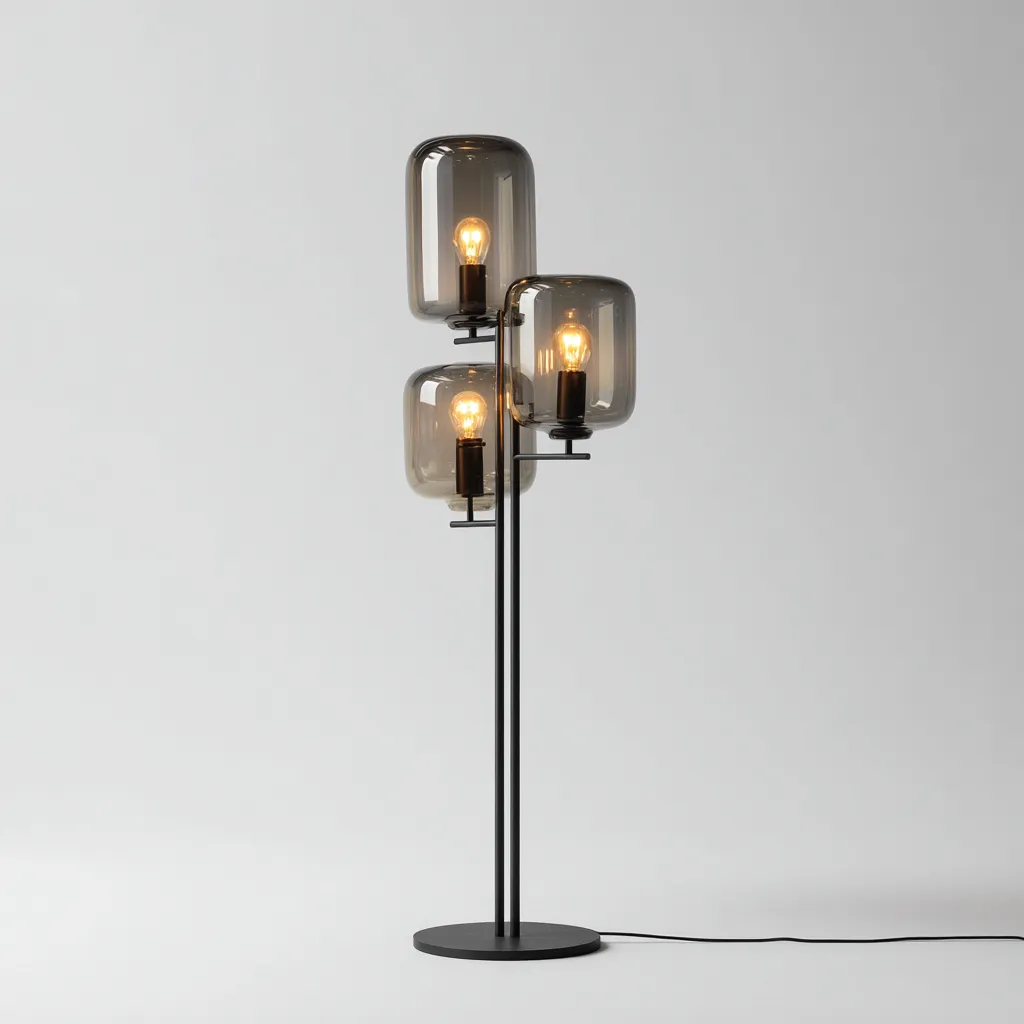 Lampadaire - métal-verre - 42x35x165 cm - noir-verre fumé - design contemporain à trois abat-jour cylindriques-Snugure