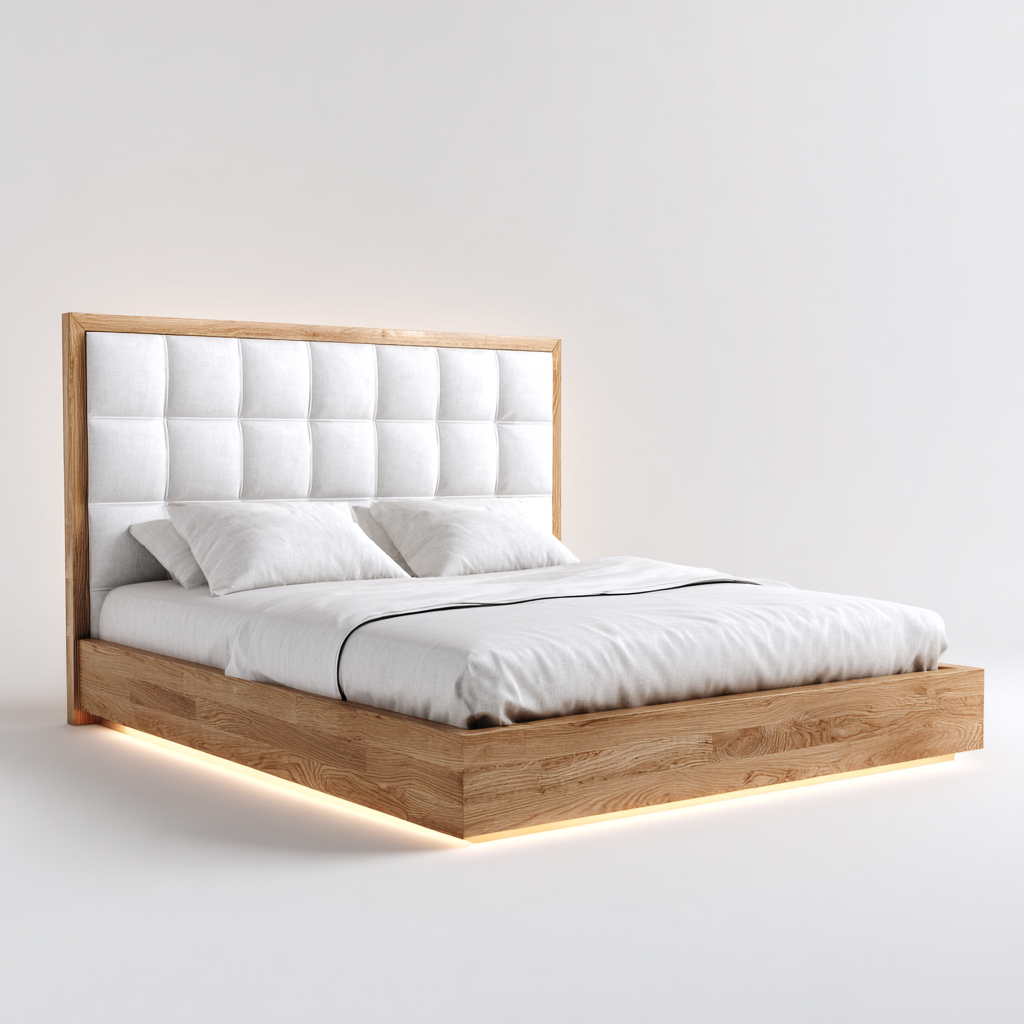 Lit double - bois-tissu - 200x160x105 cm - chêne clair - design contemporain avec éclairage LED-Snugure