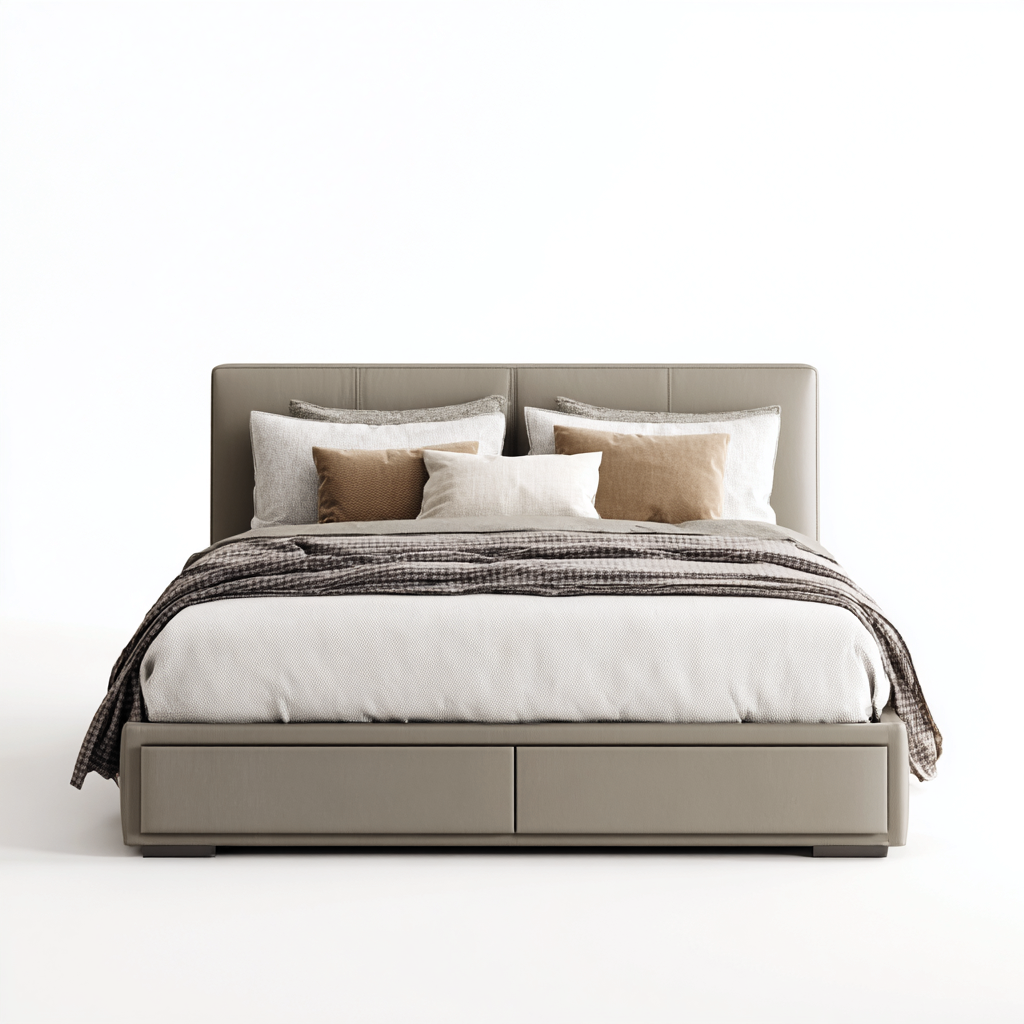 Lit double - cuir-bois - 200x160x100 cm - gris taupe - design moderne avec tiroirs de rangement-Snugure