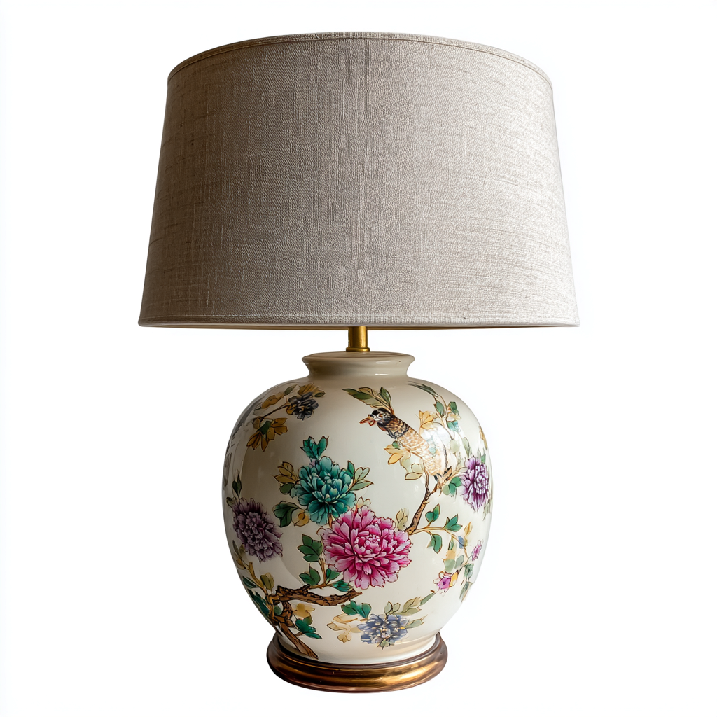 Lampe de table - céramique-métal-tissu - 33x33x59 cm - beige-multicolore - style vintage floral-Snugure