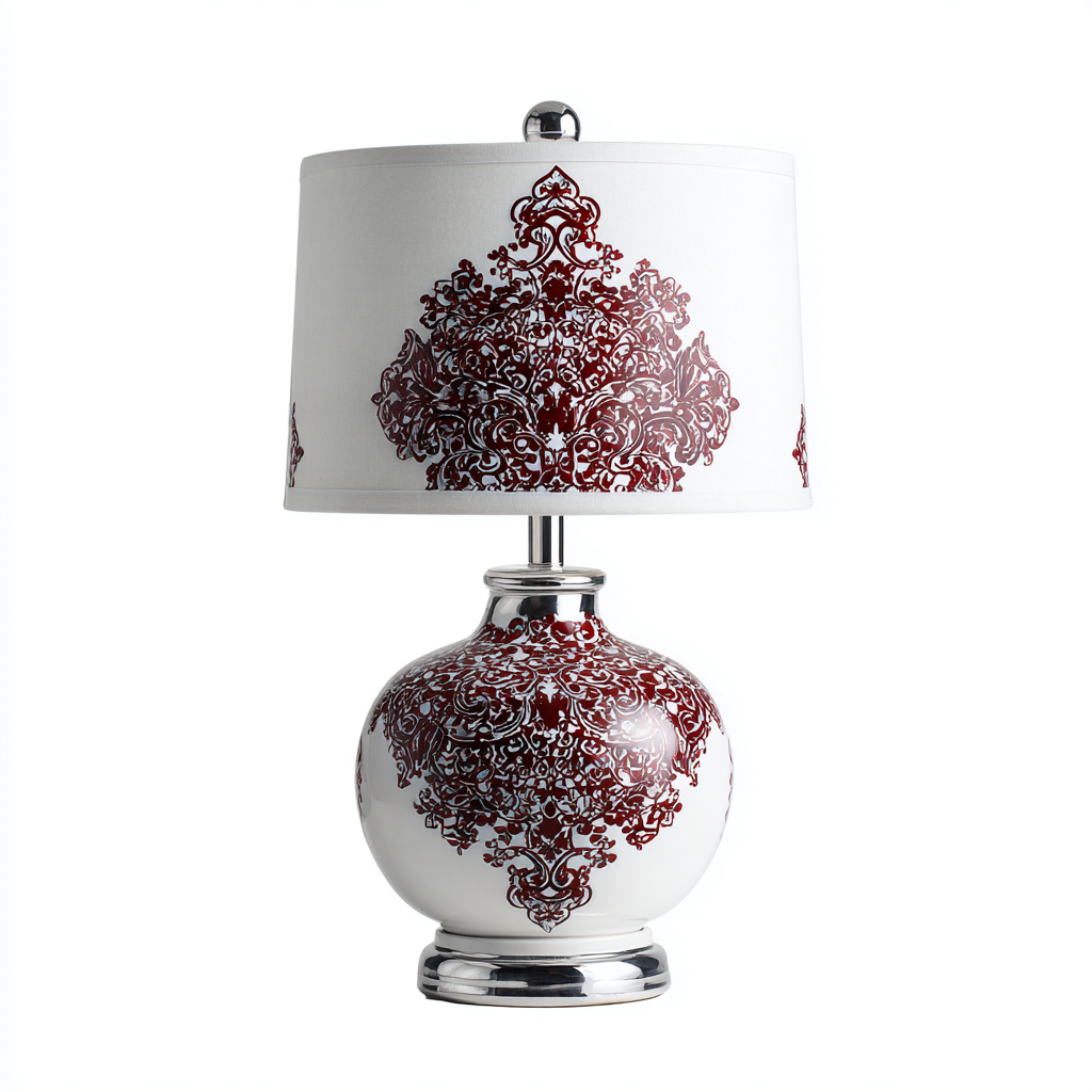 Lampe de table - céramique-métal-tissu - 31x31x56 cm - blanc-rouge foncé - style classique raffiné-Snugure