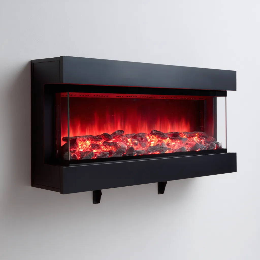 Cheminée métal-verre 95x18x42 cm noir style moderne effet flamme LED décoratif-Snugure