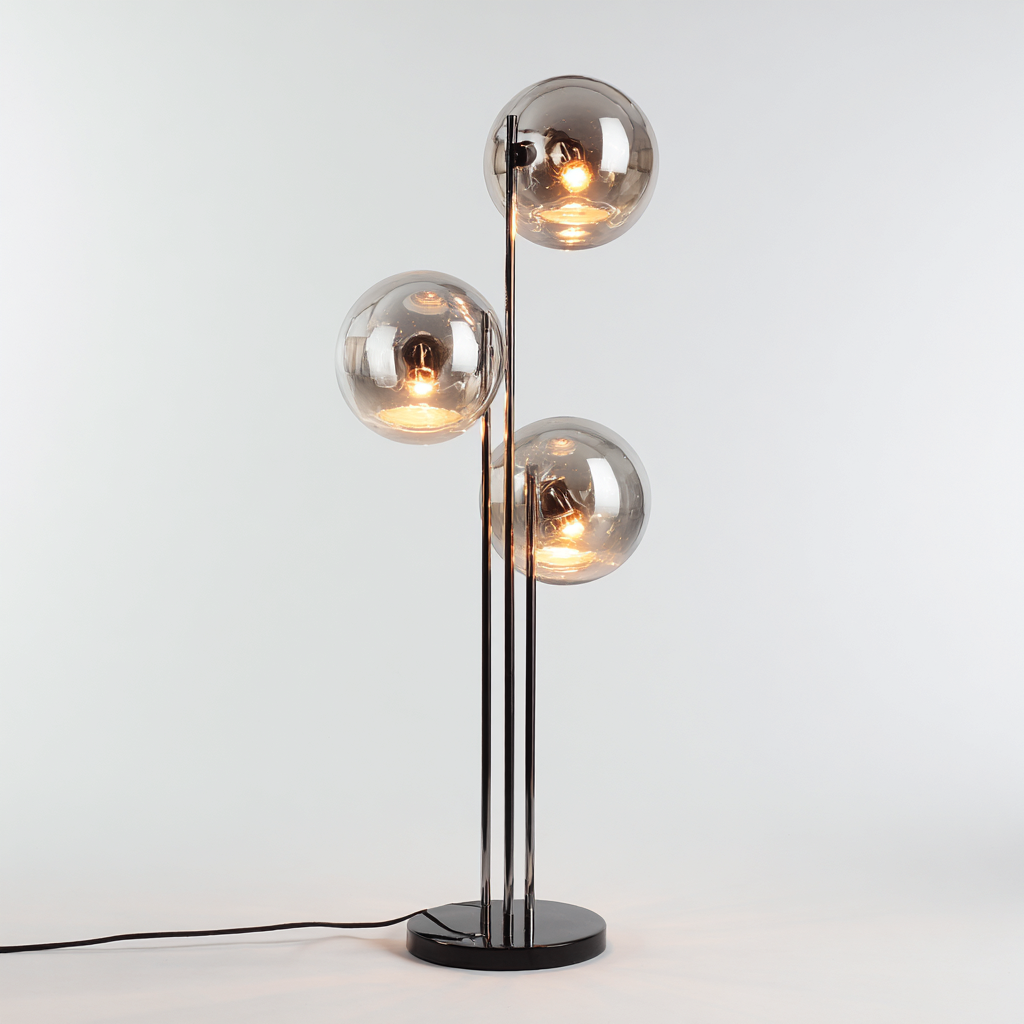 Lampadaire - métal-verre - 45x45x160 cm - noir-chrome - design moderne à trois globes en verre fumé-Snugure